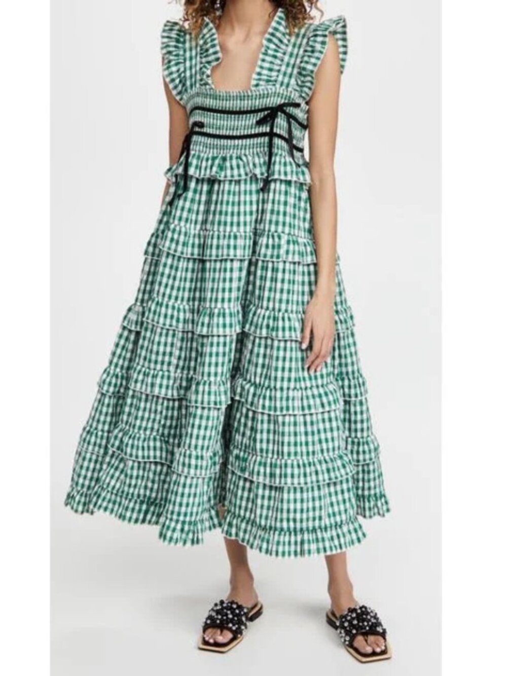 Women's Green Roller Gingham Midi Dress